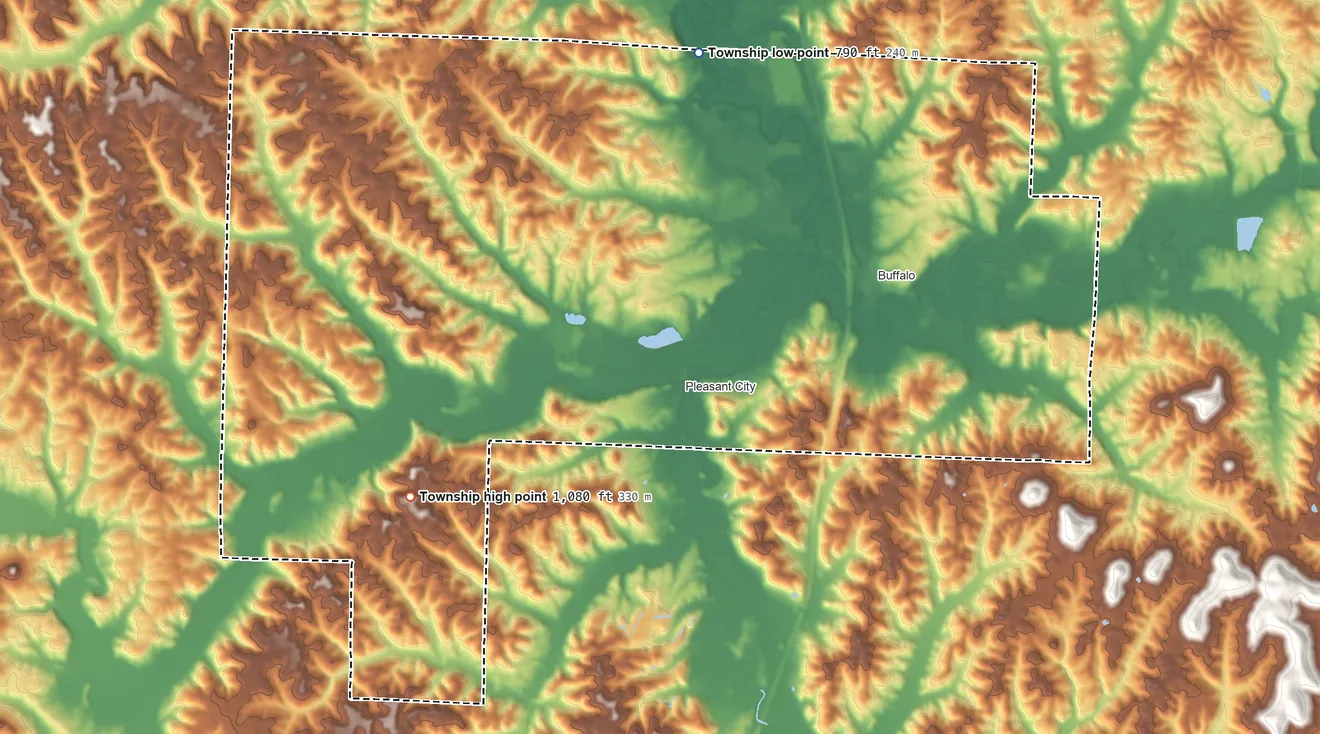 Topographic elevation map of Valley Township, Guernsey County, Ohio, shaded from 790 ft on the north side to 1,080 ft on the southwest side
