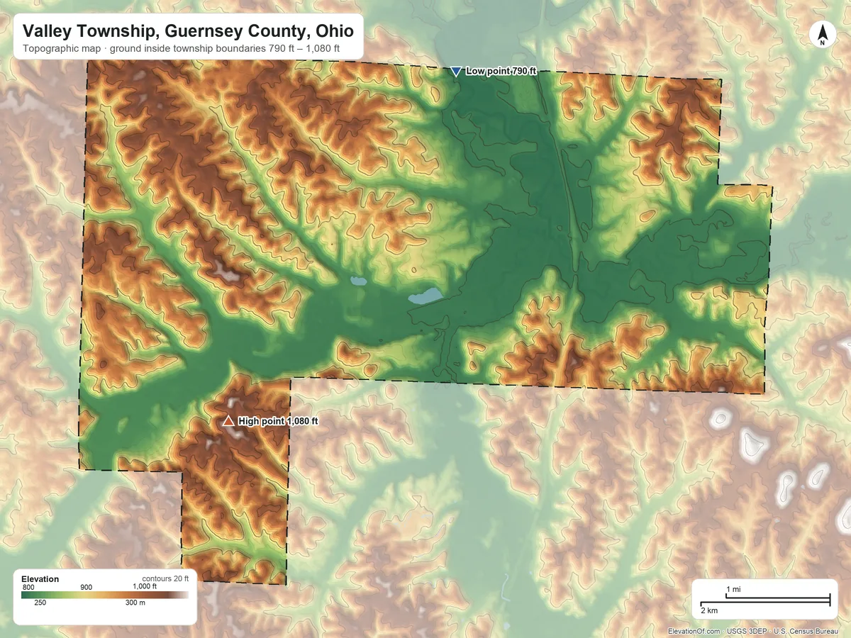 Topographic elevation map of Valley Township, Guernsey County, Ohio, shaded from 790 ft on the north side to 1,080 ft on the southwest side
