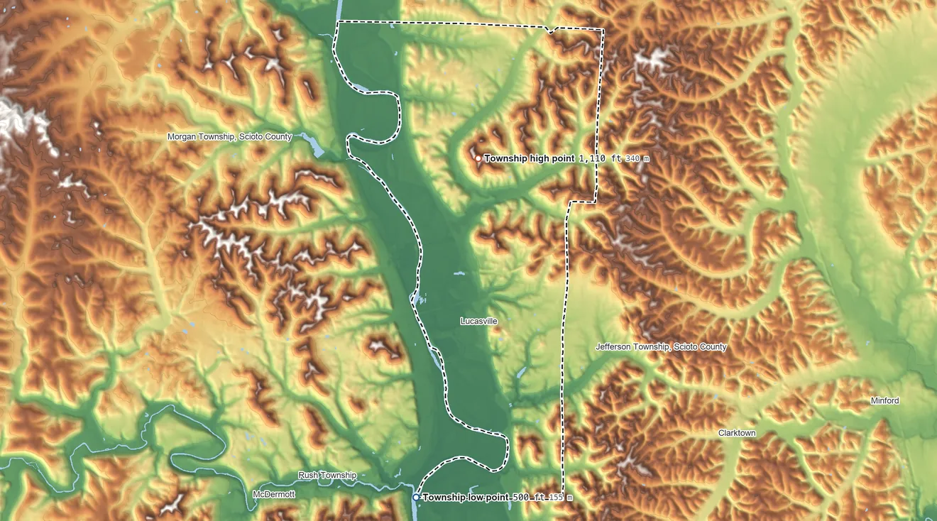 Topographic elevation map of Valley Township, Ohio, shaded from 500 ft on the southwest side to 1,110 ft on the northwest side