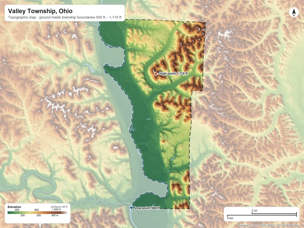Topographic elevation map of Valley Township, Ohio, shaded from 500 ft on the southwest side to 1,110 ft on the northwest side