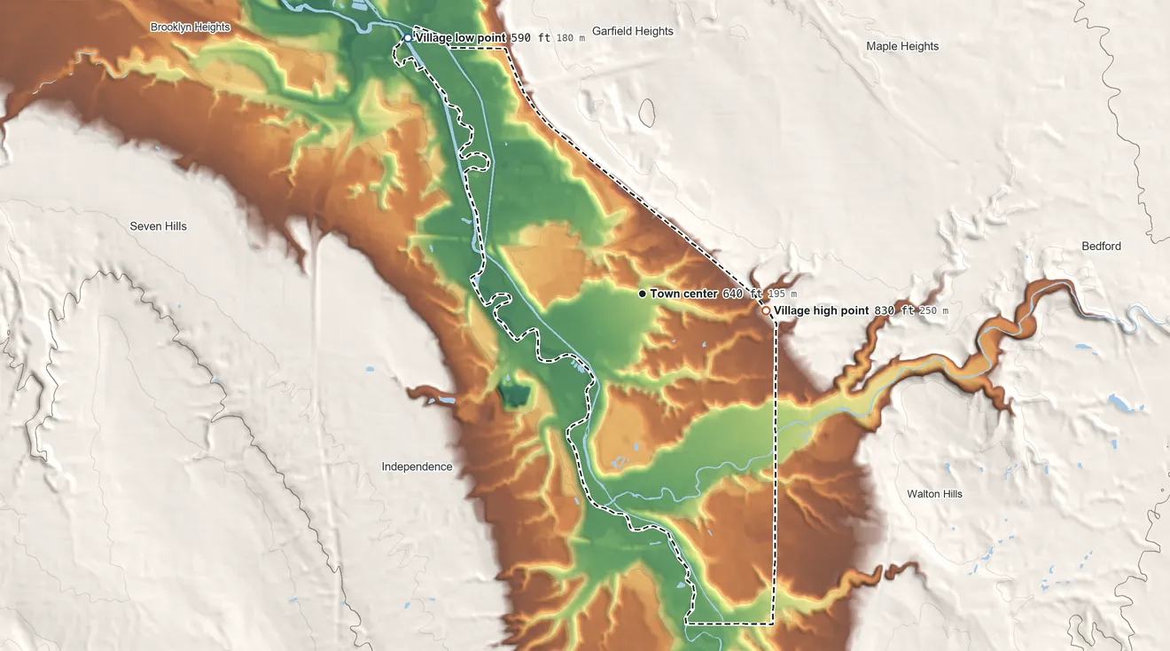 Topographic elevation map of Valley View, Ohio, shaded from 590 ft on the northwest side to 830 ft on the east side