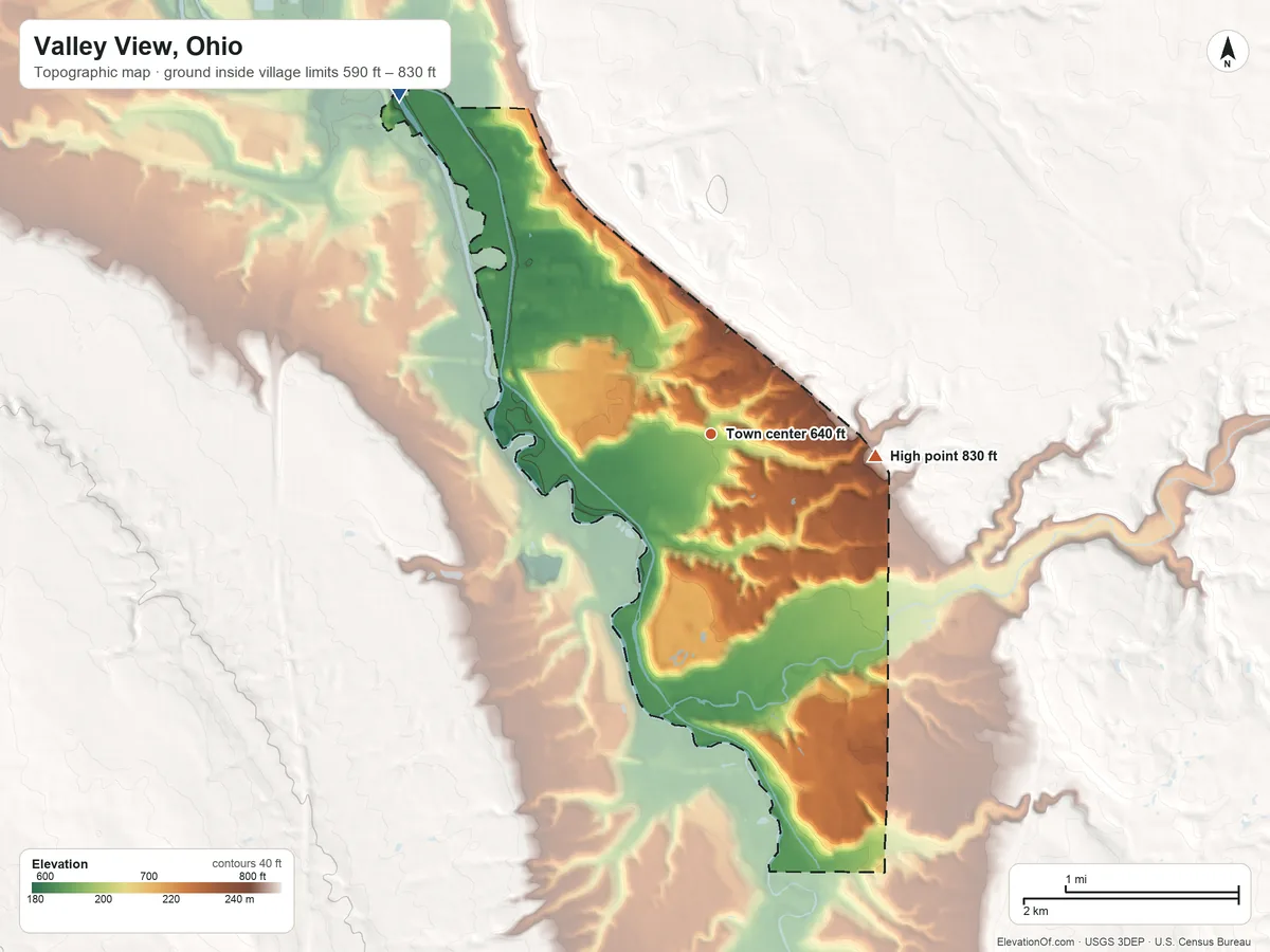 Topographic elevation map of Valley View, Ohio, shaded from 590 ft on the northwest side to 830 ft on the east side