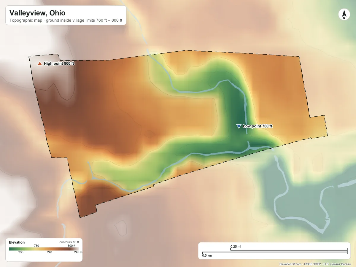 Topographic elevation map of Valleyview, Ohio, shaded from 760 ft on the southeast side to 800 ft on the west side