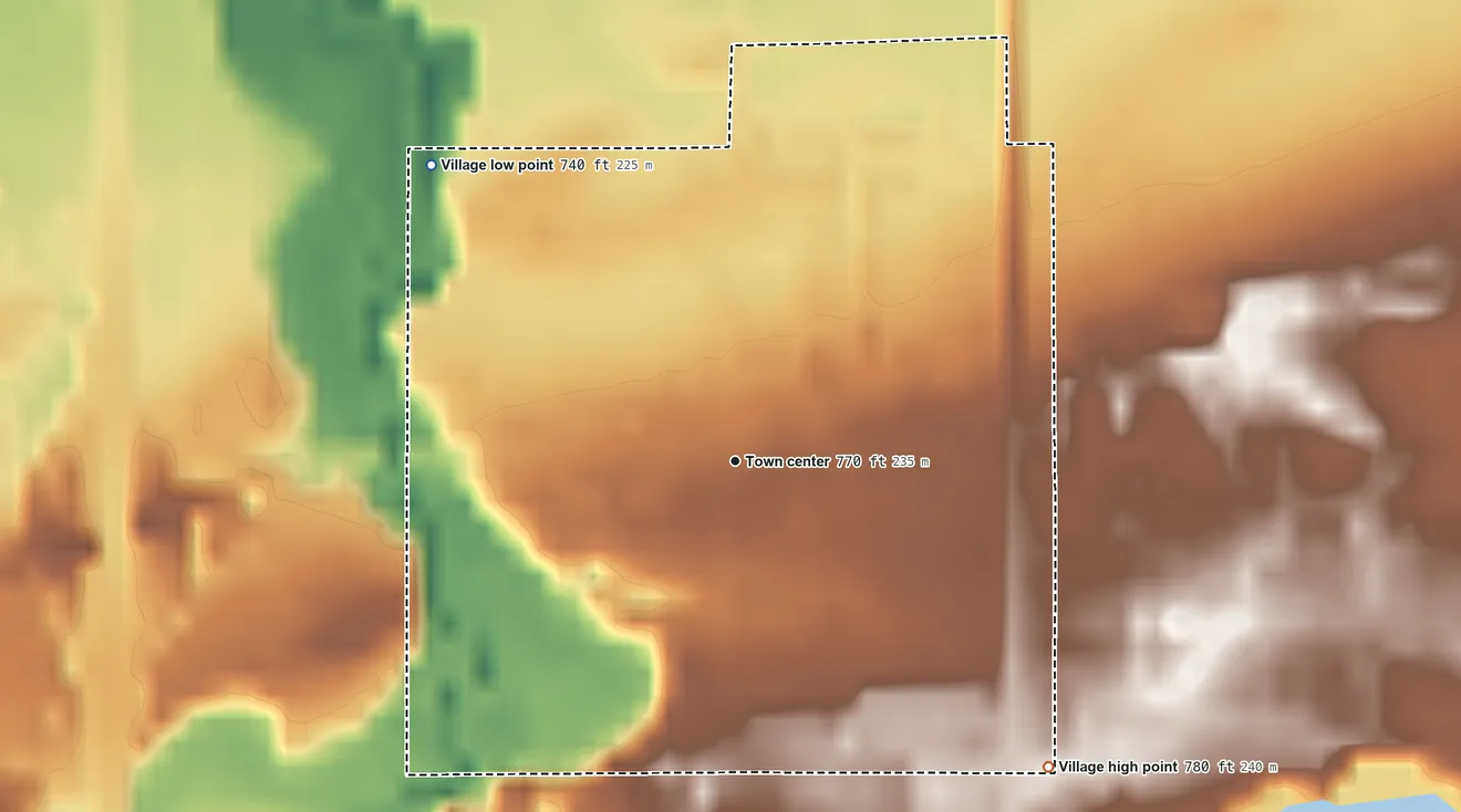 Topographic elevation map of Van Buren, Ohio, shaded from 740 ft on the northwest side to 780 ft on the southeast side