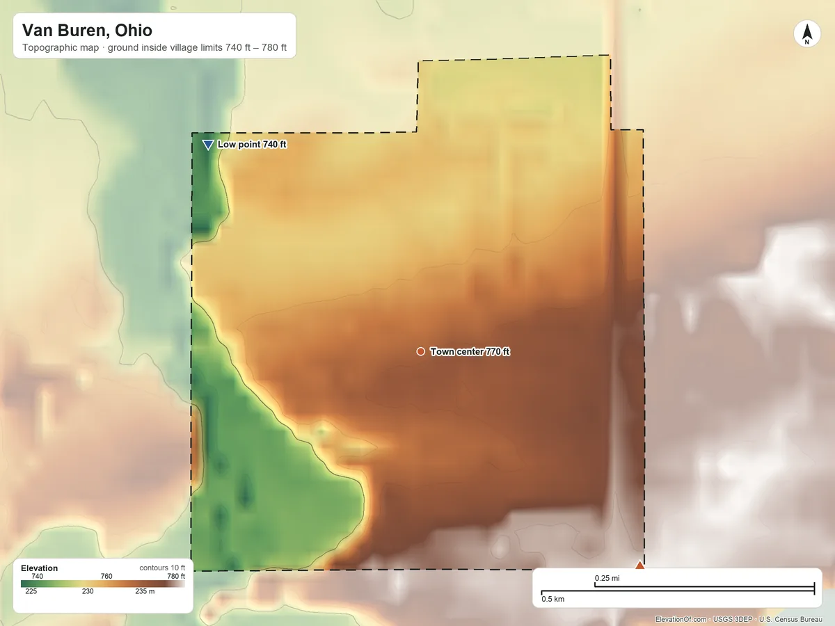 Topographic elevation map of Van Buren, Ohio, shaded from 740 ft on the northwest side to 780 ft on the southeast side