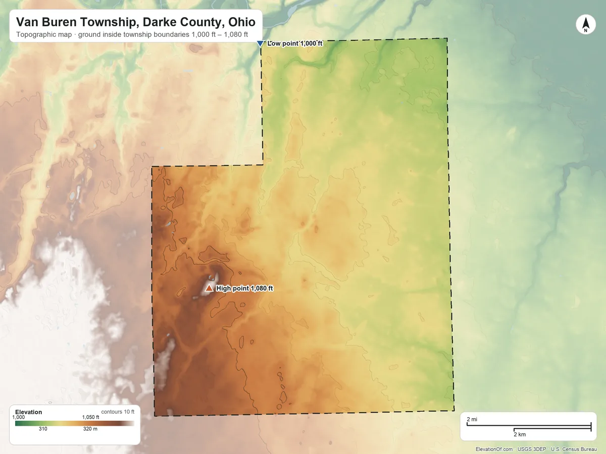 Topographic elevation map of Van Buren Township, Darke County, Ohio, shaded from 1,000 ft on the north side to 1,080 ft on the west side