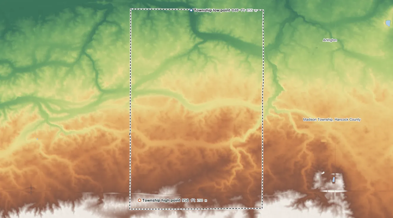 Topographic elevation map of Van Buren Township, Hancock County, Ohio, shaded from 840 ft on the north side to 950 ft on the southwest side