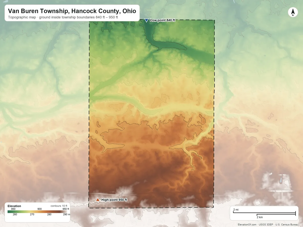 Topographic elevation map of Van Buren Township, Hancock County, Ohio, shaded from 840 ft on the north side to 950 ft on the southwest side