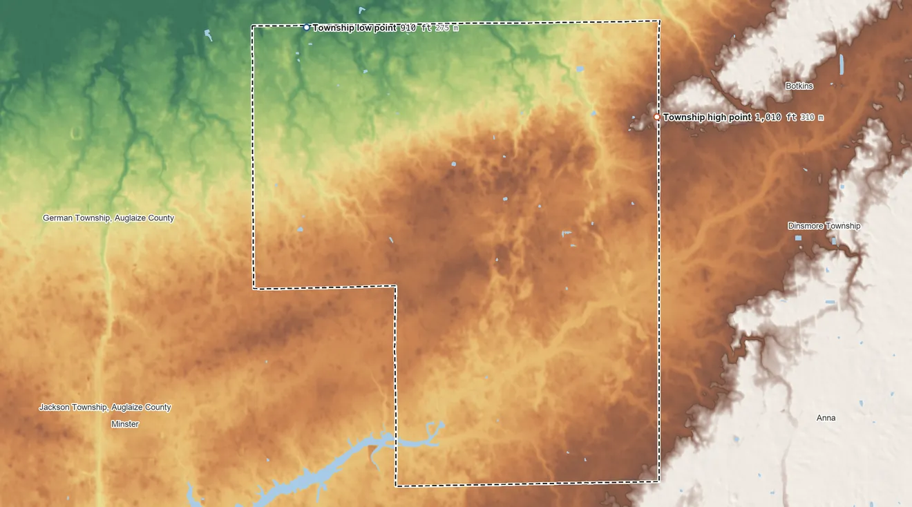 Topographic elevation map of Van Buren Township, Shelby County, Ohio, shaded from 910 ft on the northwest side to 1,010 ft on the northeast side