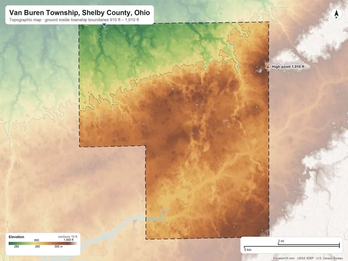 Topographic elevation map of Van Buren Township, Shelby County, Ohio, shaded from 910 ft on the northwest side to 1,010 ft on the northeast side