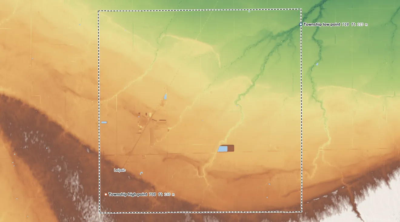 Topographic elevation map of Van Buren Township, Ohio, shaded from 710 ft on the northeast side to 780 ft on the southwest side