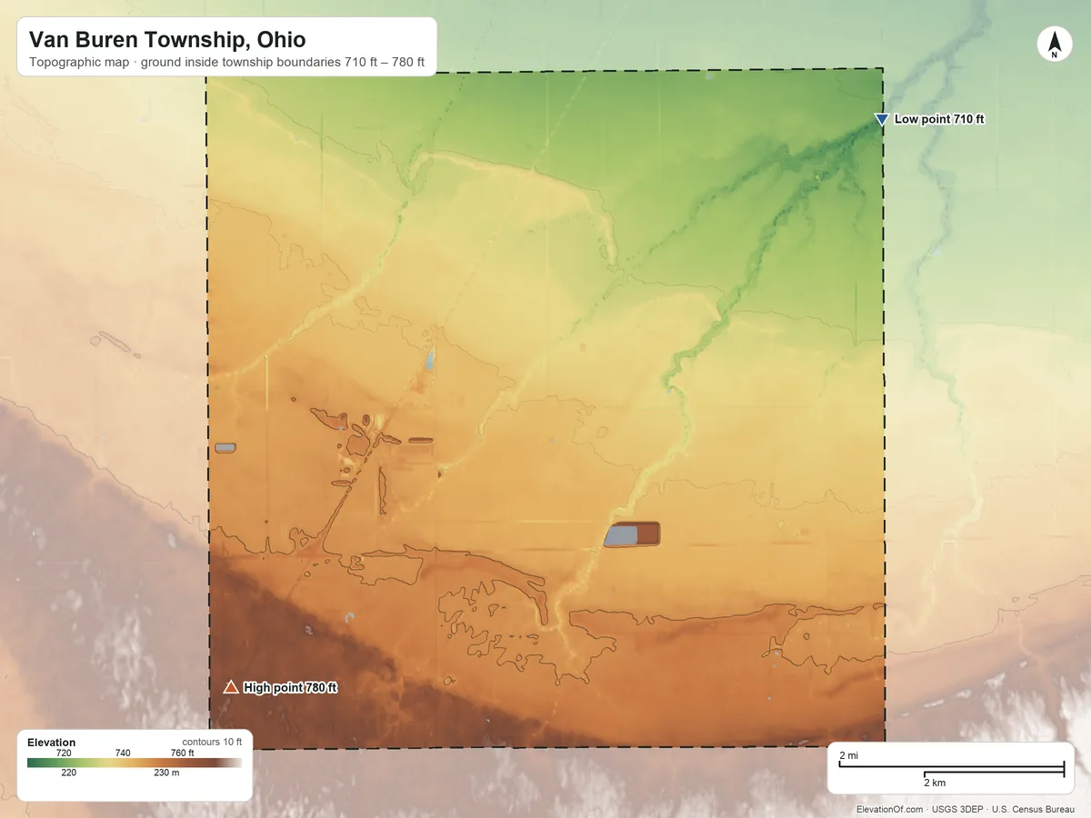 Topographic elevation map of Van Buren Township, Ohio, shaded from 710 ft on the northeast side to 780 ft on the southwest side