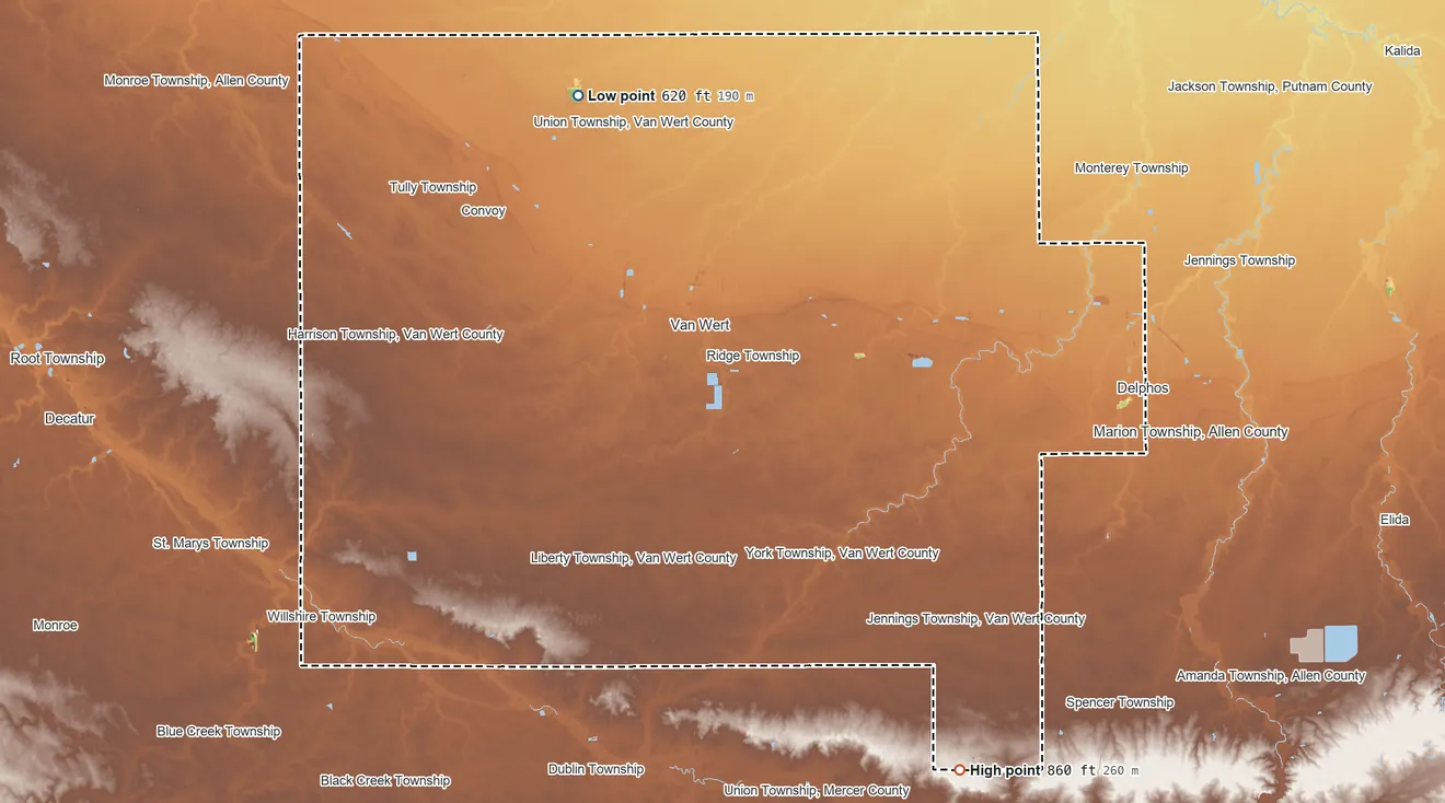 Topographic elevation map of Van Wert County, Ohio, shaded from 620 ft on the northwest side to 860 ft on the southeast side