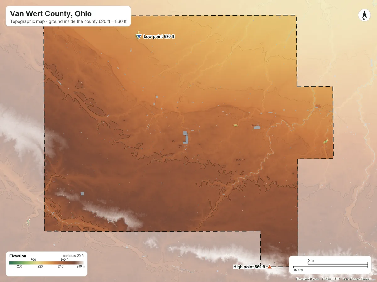 Topographic elevation map of Van Wert County, Ohio, shaded from 620 ft on the northwest side to 860 ft on the southeast side
