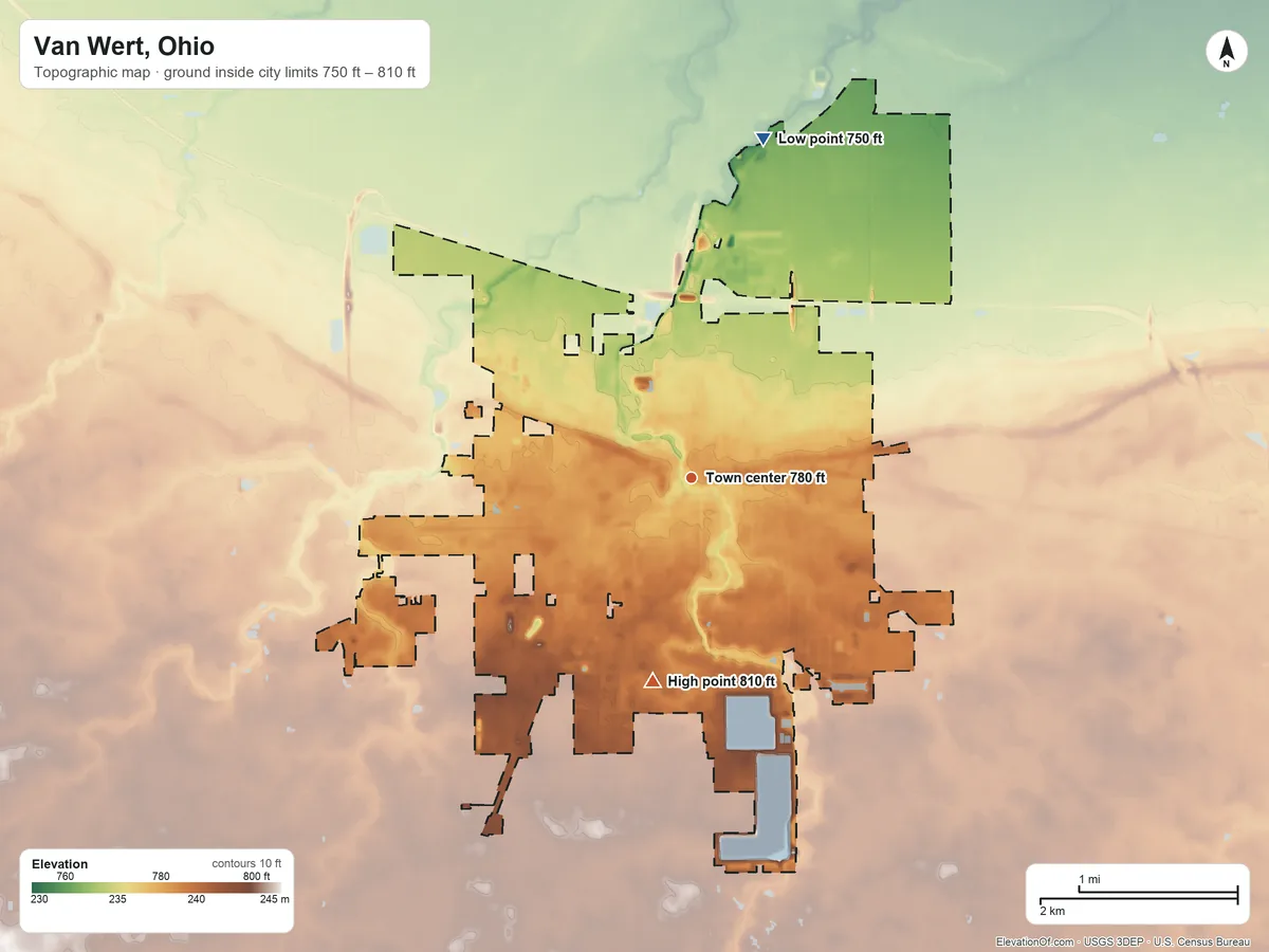 Topographic elevation map of Van Wert, Ohio, shaded from 750 ft on the north side to 810 ft on the south side