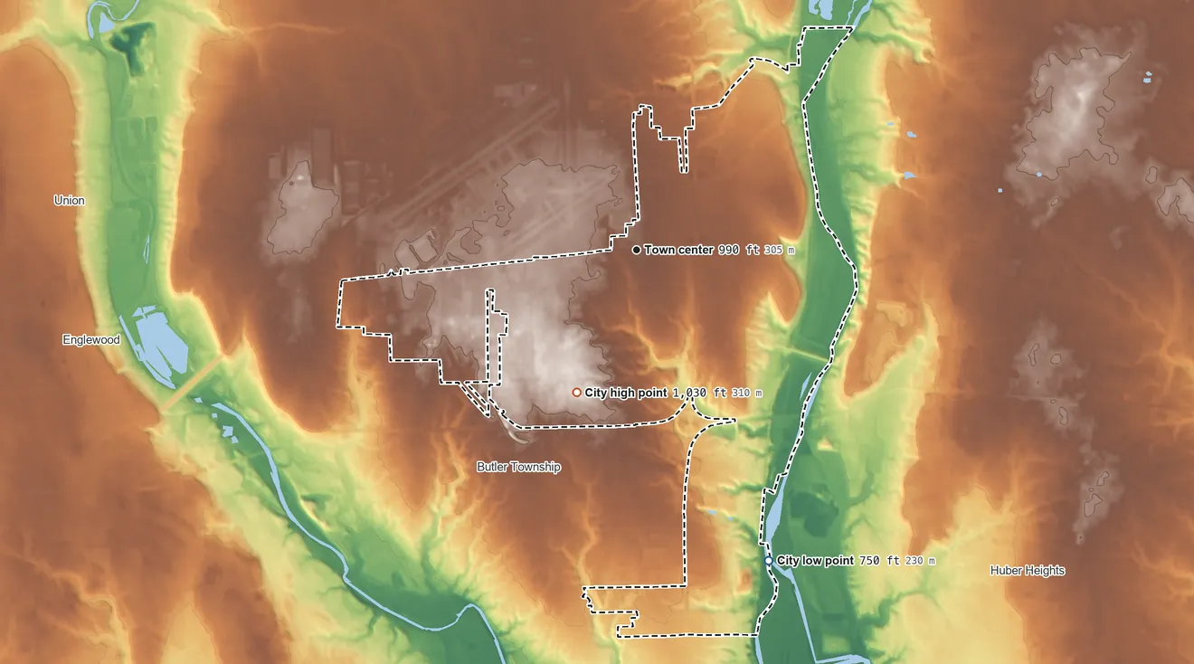 Topographic elevation map of Vandalia, Ohio, shaded from 750 ft on the southeast side to 1,030 ft on the southwest side