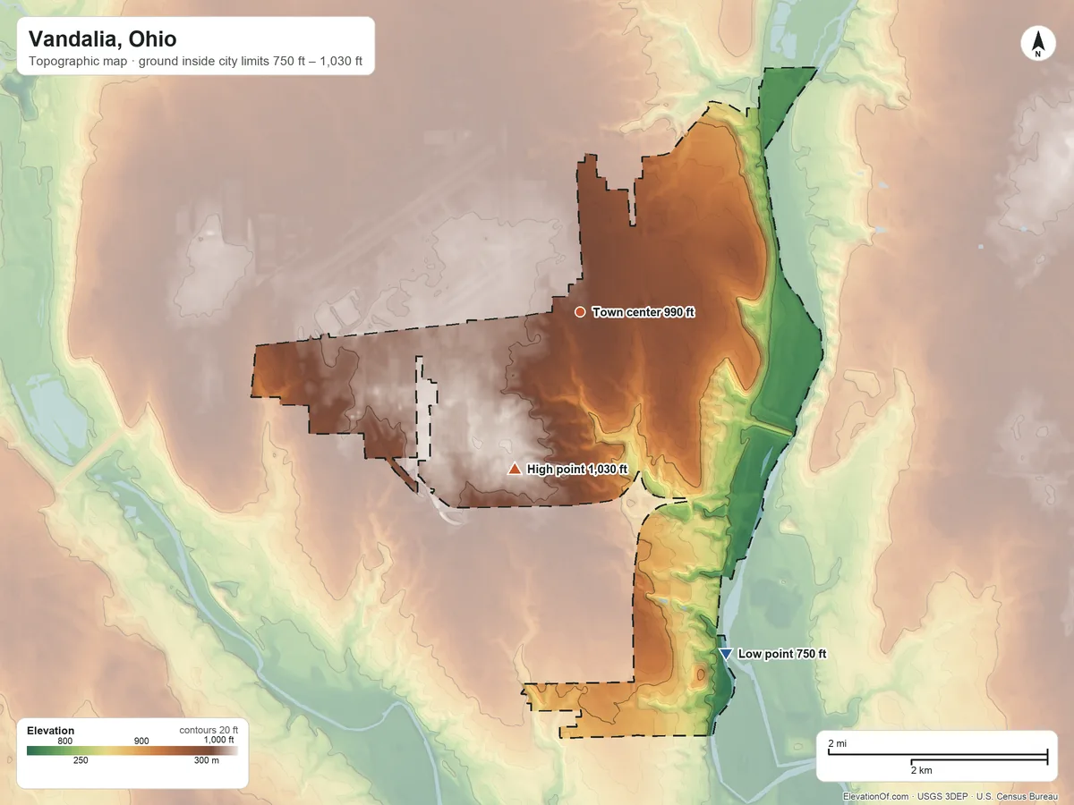 Topographic elevation map of Vandalia, Ohio, shaded from 750 ft on the southeast side to 1,030 ft on the southwest side