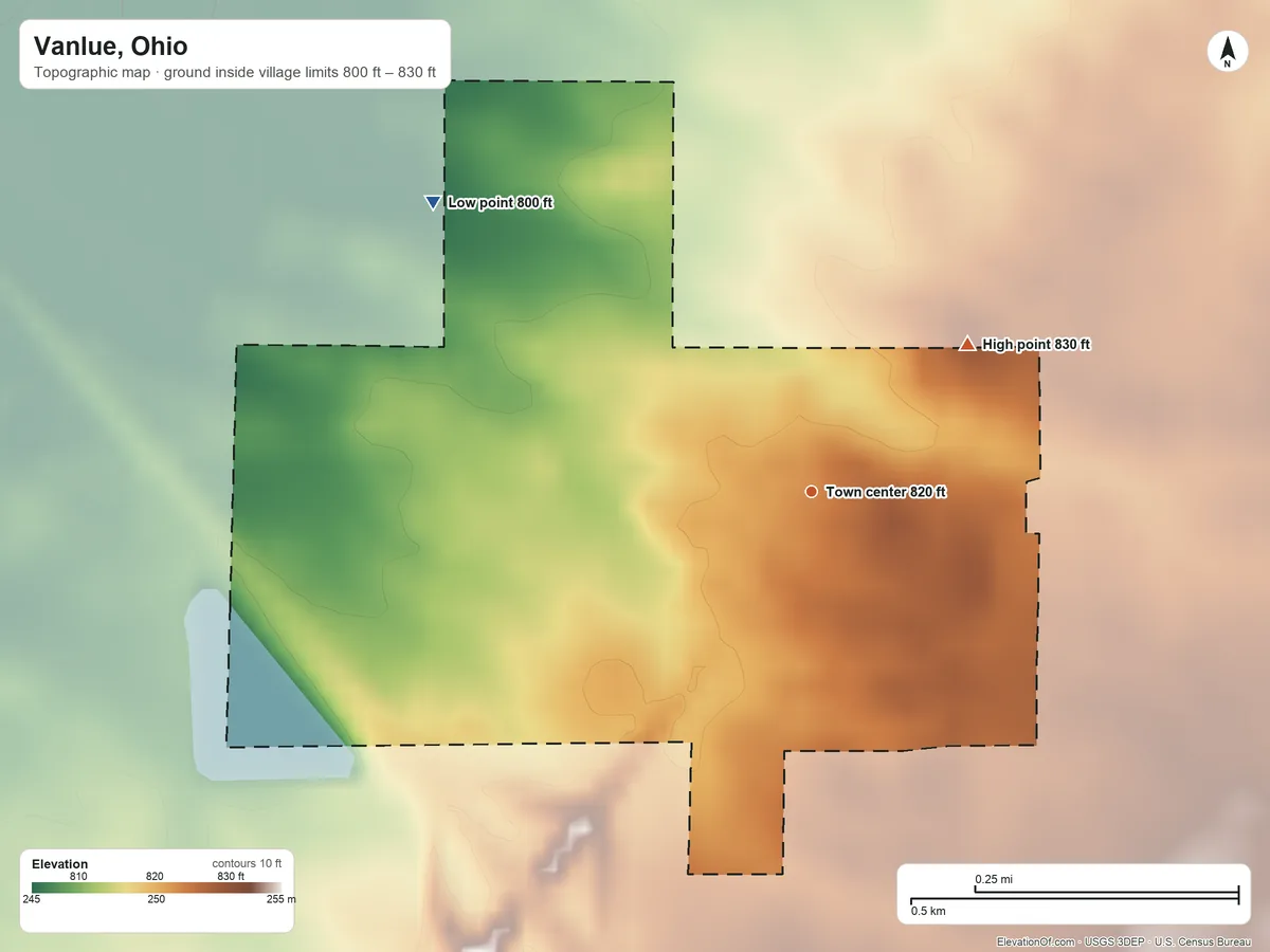 Topographic elevation map of Vanlue, Ohio, shaded from 800 ft on the northwest side to 830 ft on the northeast side