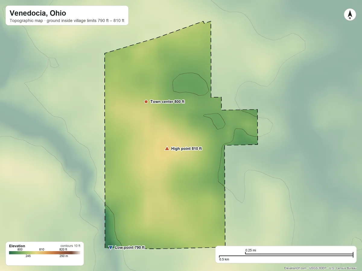 Topographic elevation map of Venedocia, Ohio, shaded from 790 ft on the south side to 810 ft on the southeast side