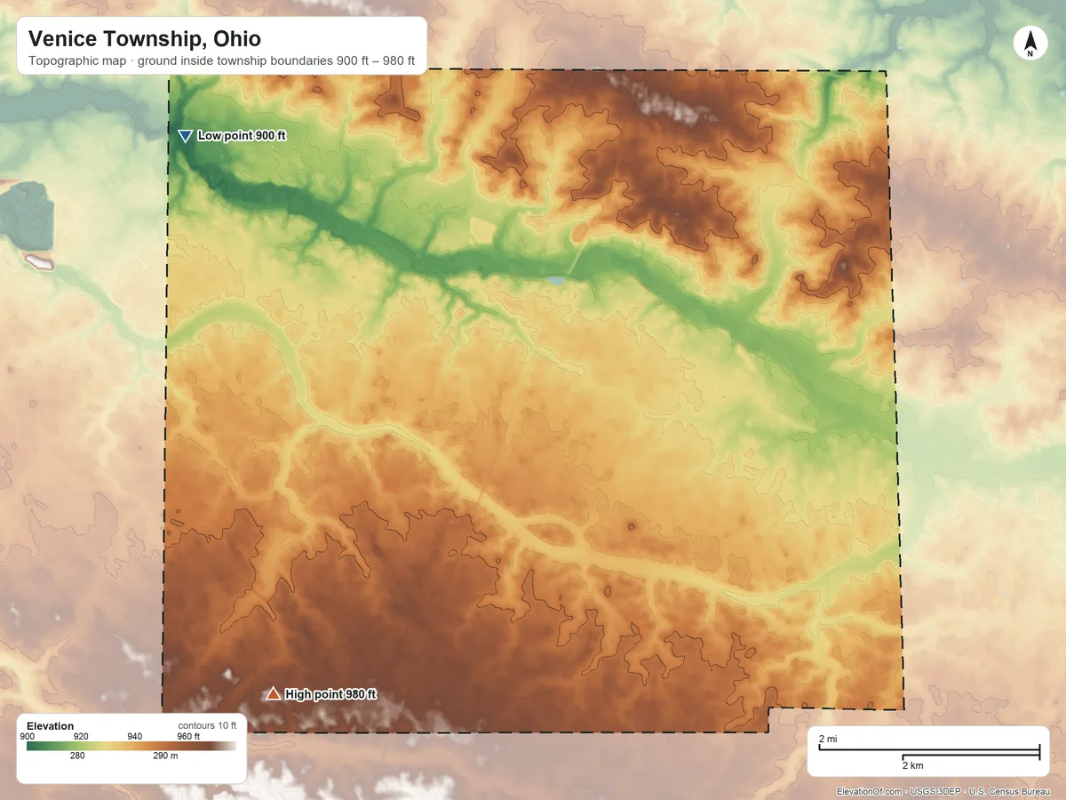 Topographic elevation map of Venice Township, Ohio, shaded from 900 ft on the northwest side to 980 ft on the southwest side