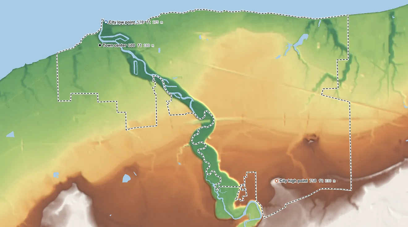 Topographic elevation map of Vermilion, Ohio, shaded from 570 ft near the middle to 750 ft on the southeast side