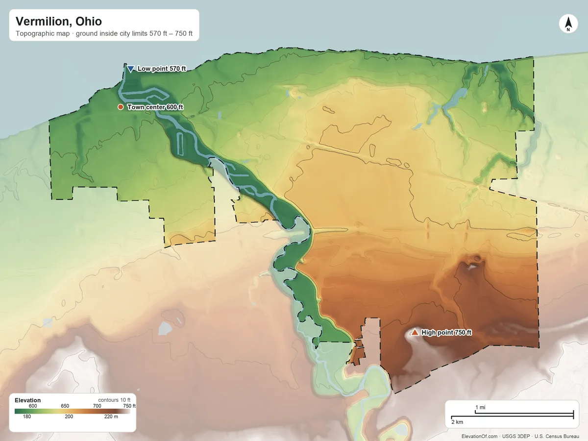 Topographic elevation map of Vermilion, Ohio, shaded from 570 ft near the middle to 750 ft on the southeast side