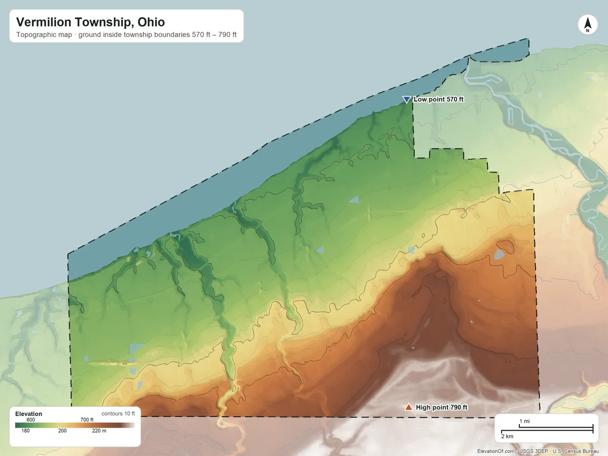 Topographic elevation map of Vermilion Township, Ohio, shaded from 570 ft on the northeast side to 790 ft on the southeast side