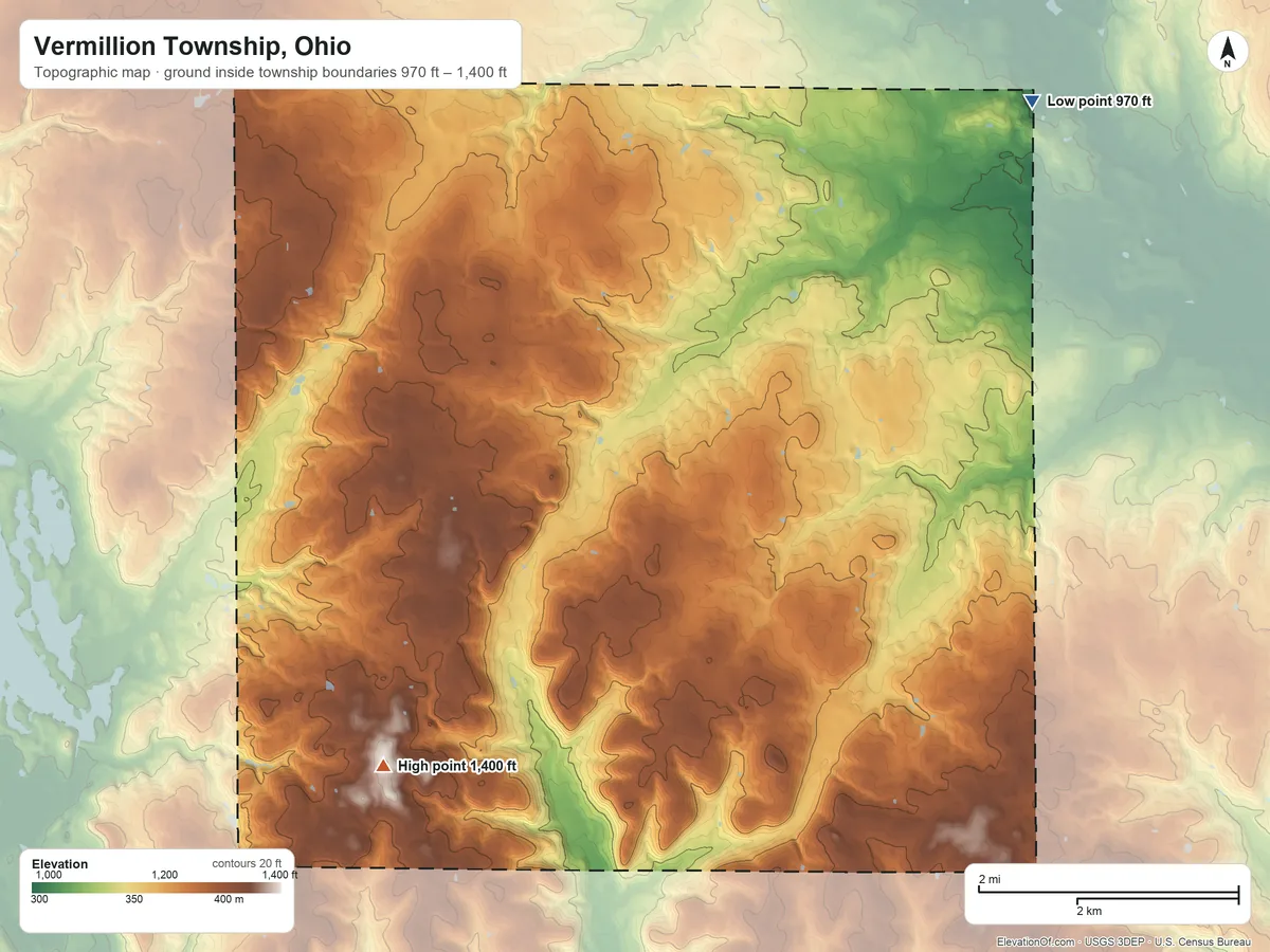 Topographic elevation map of Vermillion Township, Ohio, shaded from 970 ft on the northeast side to 1,400 ft on the southwest side