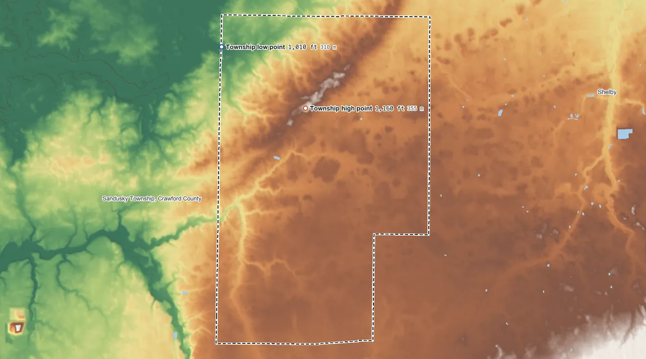 Topographic elevation map of Vernon Township, Crawford County, Ohio, shaded from 1,010 ft on the northwest side to 1,160 ft on the north side