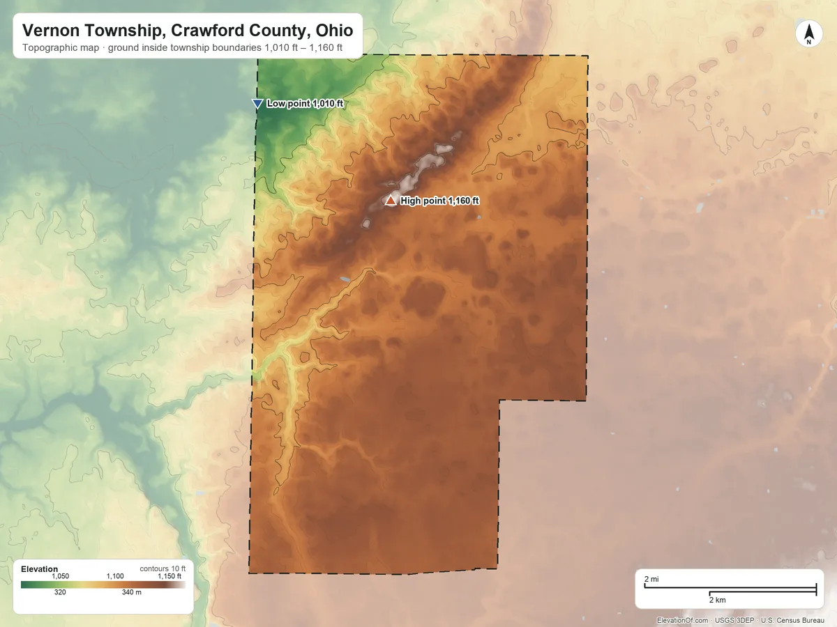 Topographic elevation map of Vernon Township, Crawford County, Ohio, shaded from 1,010 ft on the northwest side to 1,160 ft on the north side