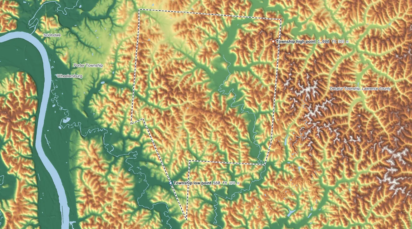Topographic elevation map of Vernon Township, Scioto County, Ohio, shaded from 560 ft on the south side to 1,000 ft on the east side