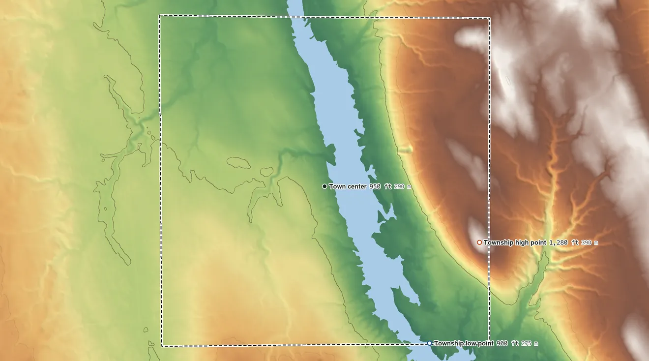 Topographic elevation map of Vernon Township, Trumbull County, Ohio, shaded from 900 ft on the southeast side to 1,280 ft on Trautman Hill