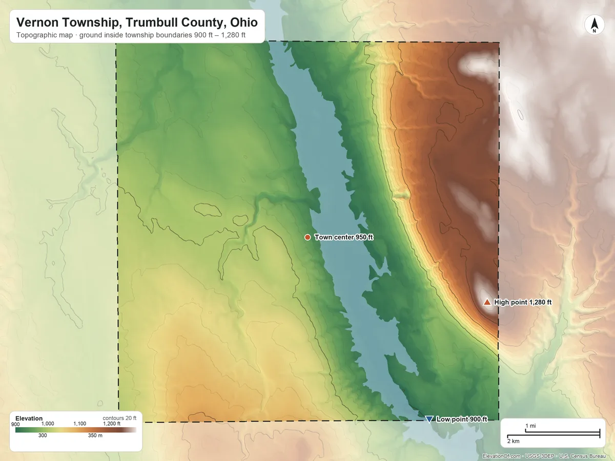 Topographic elevation map of Vernon Township, Trumbull County, Ohio, shaded from 900 ft on the southeast side to 1,280 ft on Trautman Hill