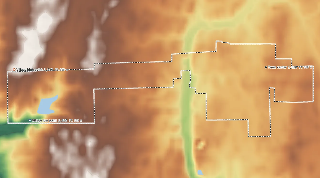 Topographic elevation map of Verona, Ohio, shaded from 1,000 ft on the west side to 1,040 ft on the west side