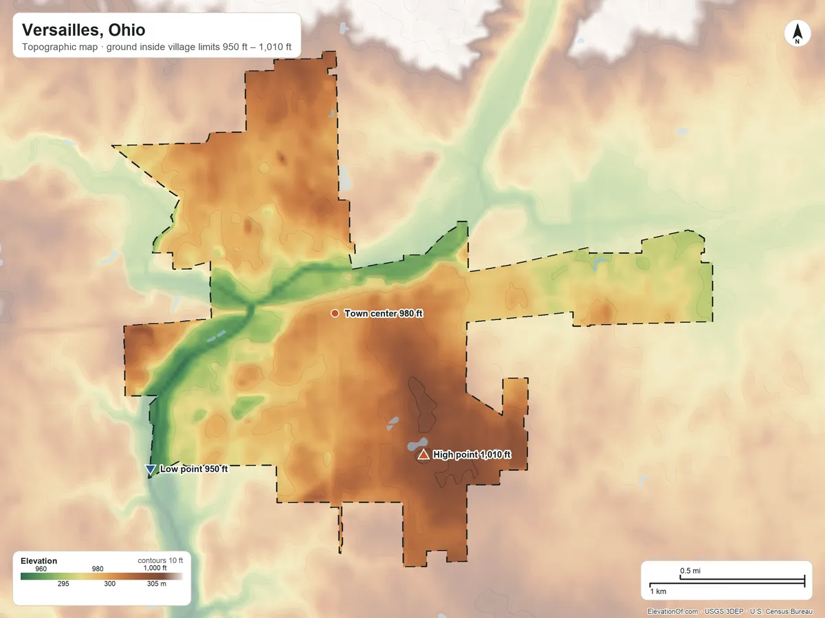 Topographic elevation map of Versailles, Ohio, shaded from 950 ft on the southwest side to 1,010 ft on the southeast side