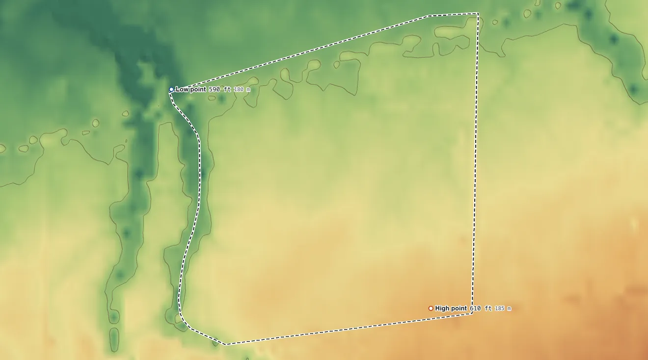 Topographic elevation map of Vickery, Ohio, shaded from 590 ft on the northwest side to 610 ft on the southeast side
