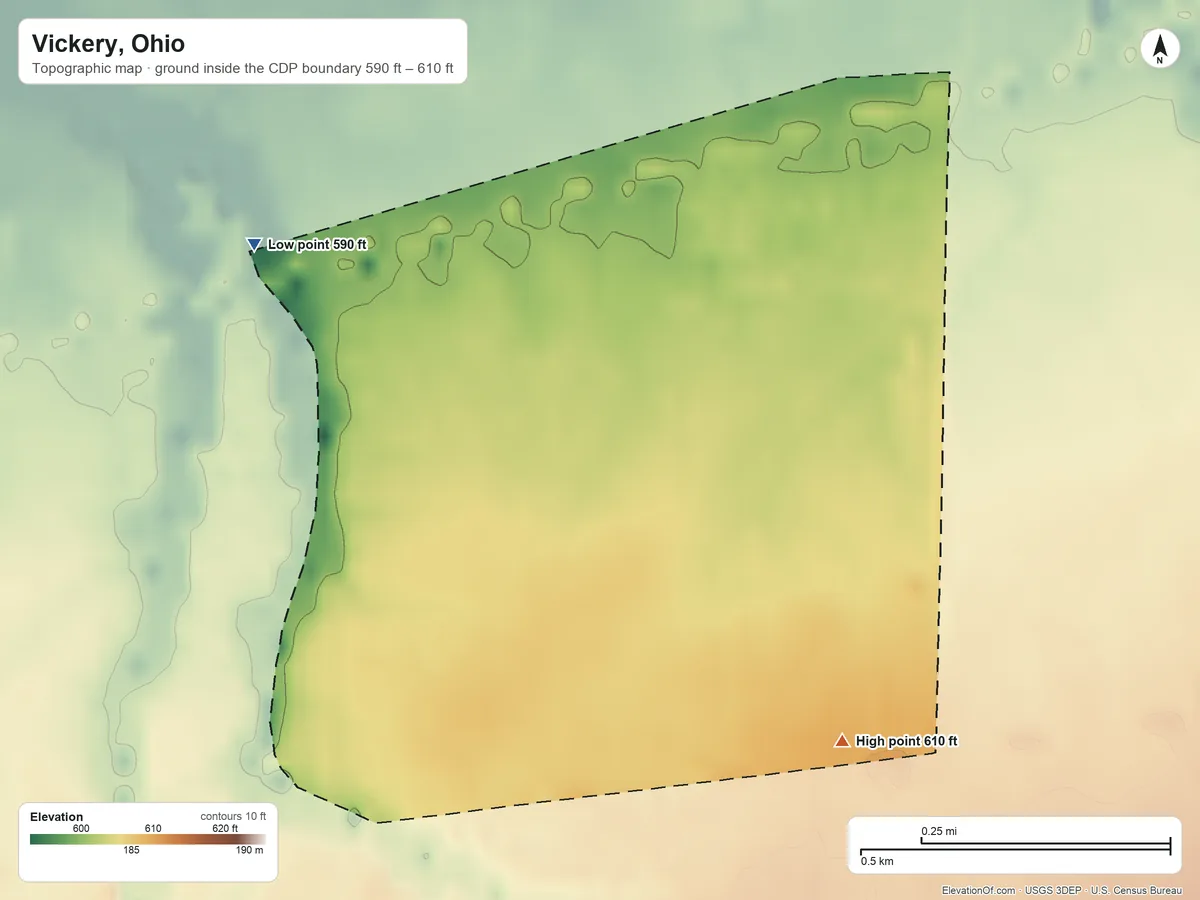 Topographic elevation map of Vickery, Ohio, shaded from 590 ft on the northwest side to 610 ft on the southeast side