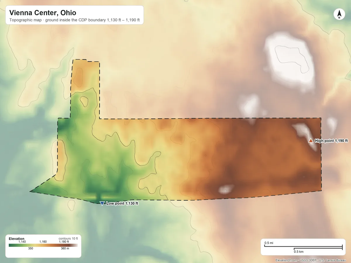 Topographic elevation map of Vienna Center, Ohio, shaded from 1,130 ft on the southwest side to 1,190 ft on the east side