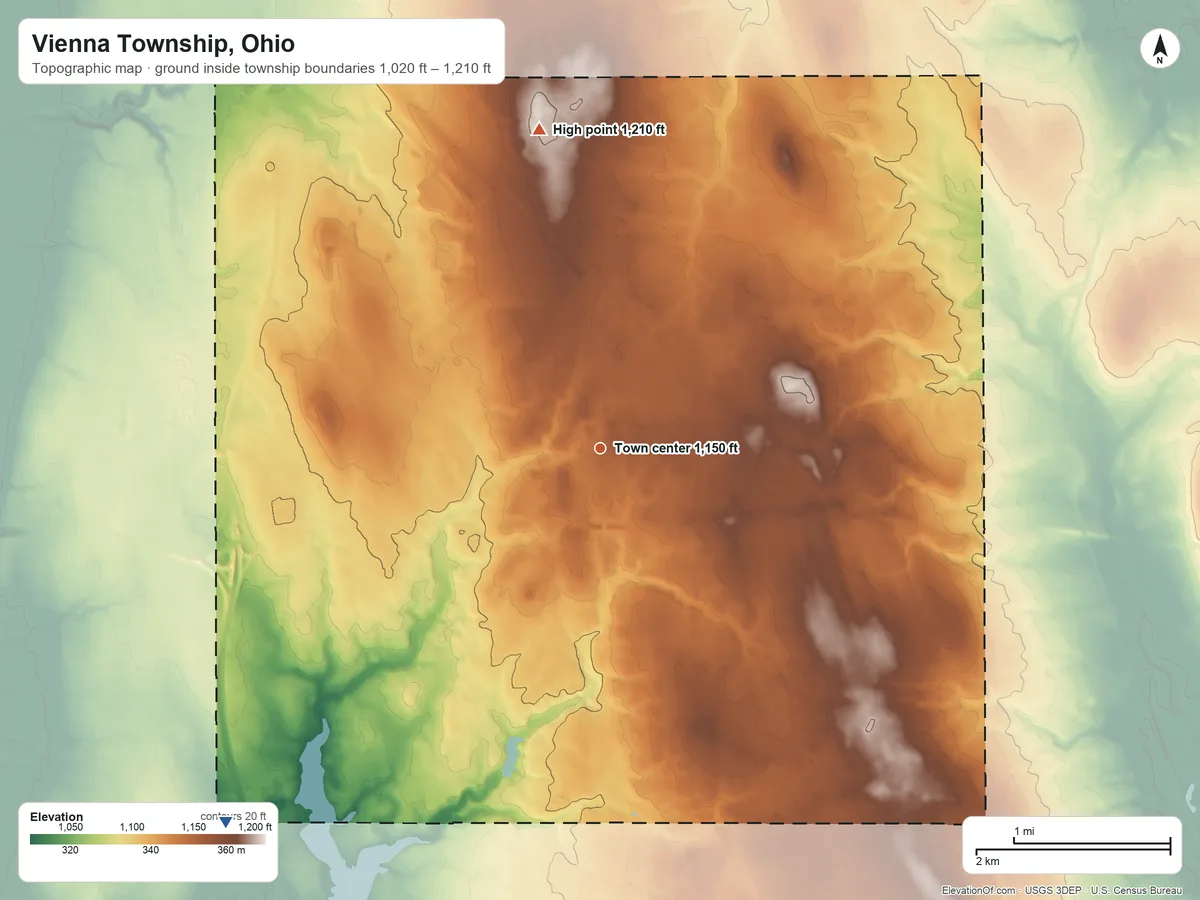 Topographic elevation map of Vienna Township, Ohio, shaded from 1,020 ft on the southwest side to 1,210 ft on the north side
