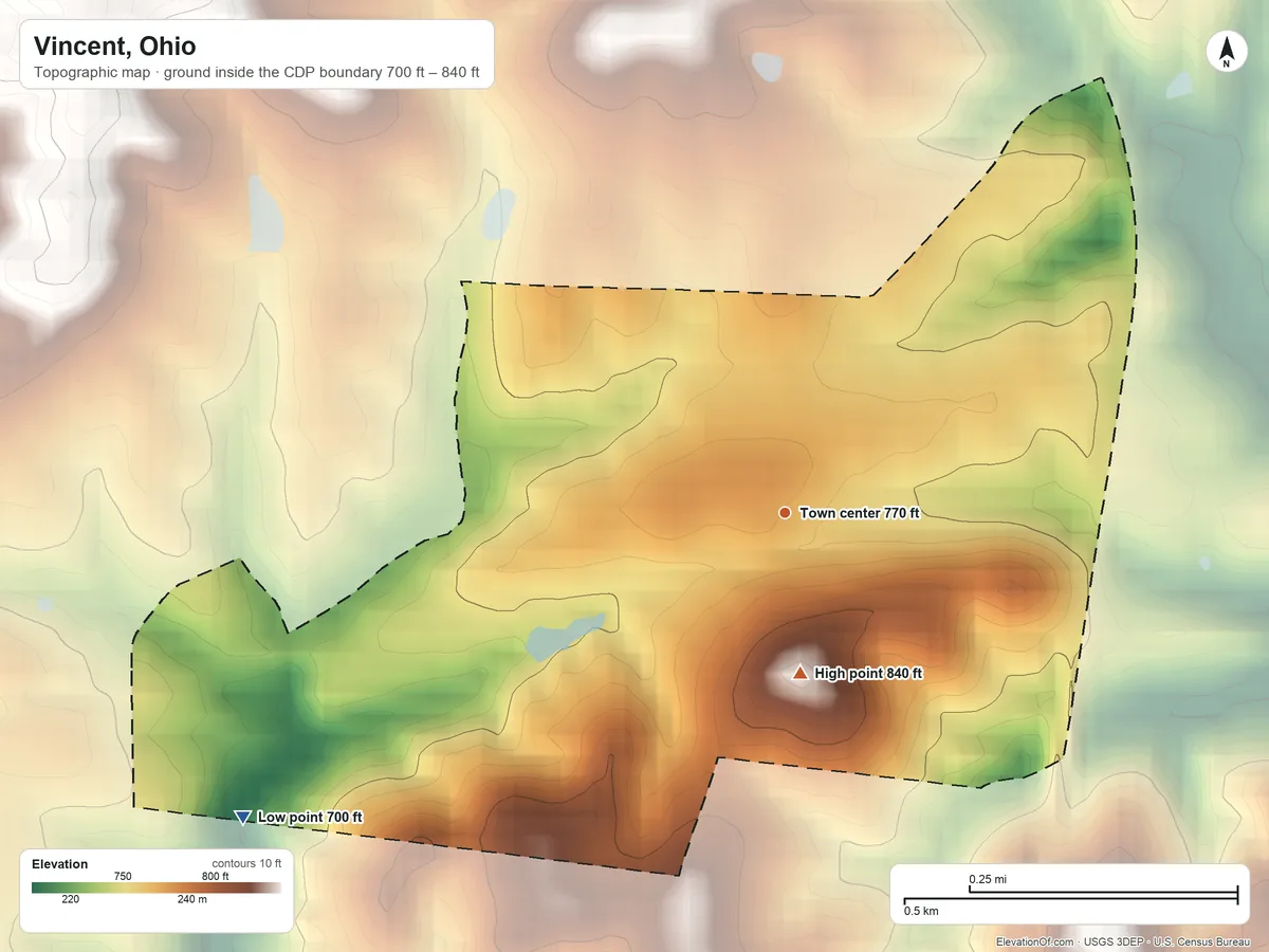 Topographic elevation map of Vincent, Ohio, shaded from 700 ft on the southwest side to 840 ft on the south side