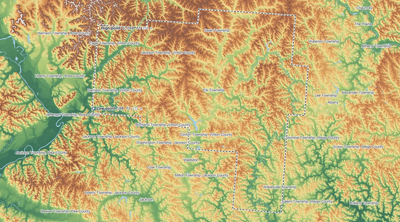 Topographic elevation map of Vinton County, Ohio, shaded from 580 ft on the west side to 1,140 ft on the northwest side