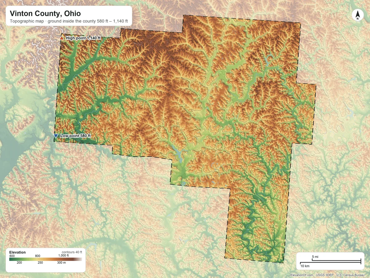 Topographic elevation map of Vinton County, Ohio, shaded from 580 ft on the west side to 1,140 ft on the northwest side