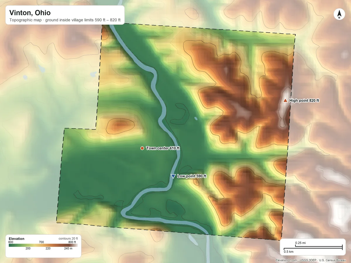 Topographic elevation map of Vinton, Ohio, shaded from 590 ft on the southeast side to 820 ft on the east side