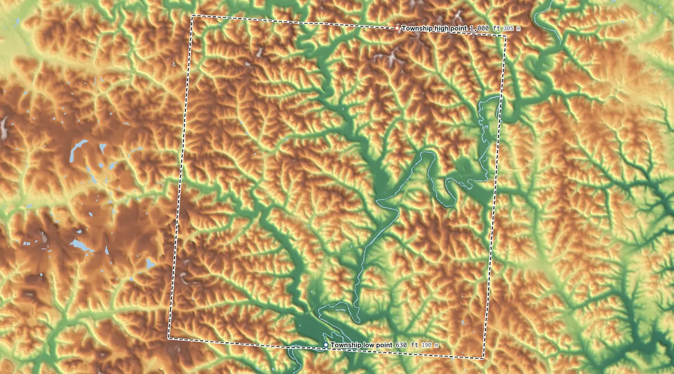 Topographic elevation map of Vinton Township, Ohio, shaded from 630 ft on the southwest side to 1,000 ft on the north side