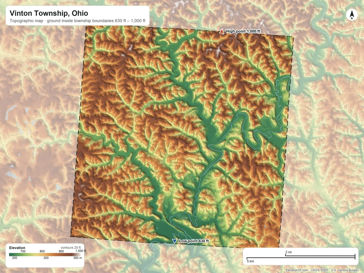 Topographic elevation map of Vinton Township, Ohio, shaded from 630 ft on the southwest side to 1,000 ft on the north side