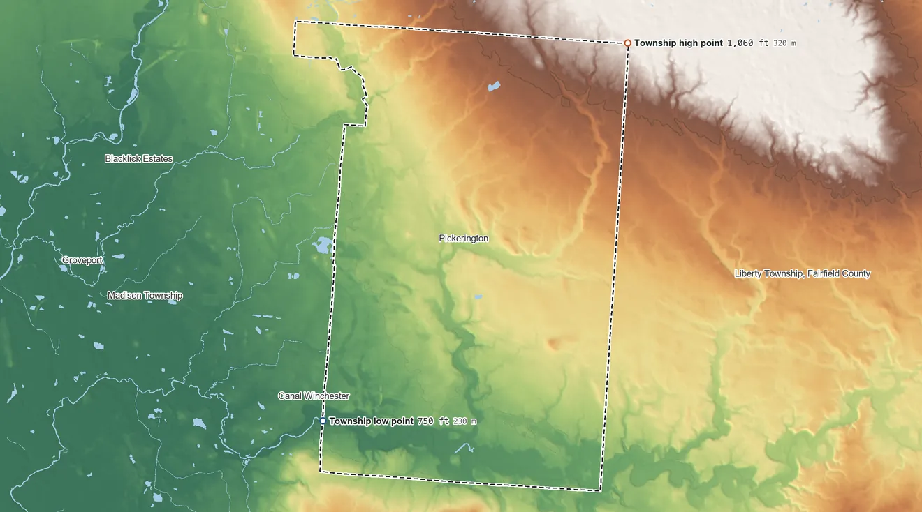 Topographic elevation map of Violet Township, Ohio, shaded from 750 ft on the southwest side to 1,060 ft on the northeast side