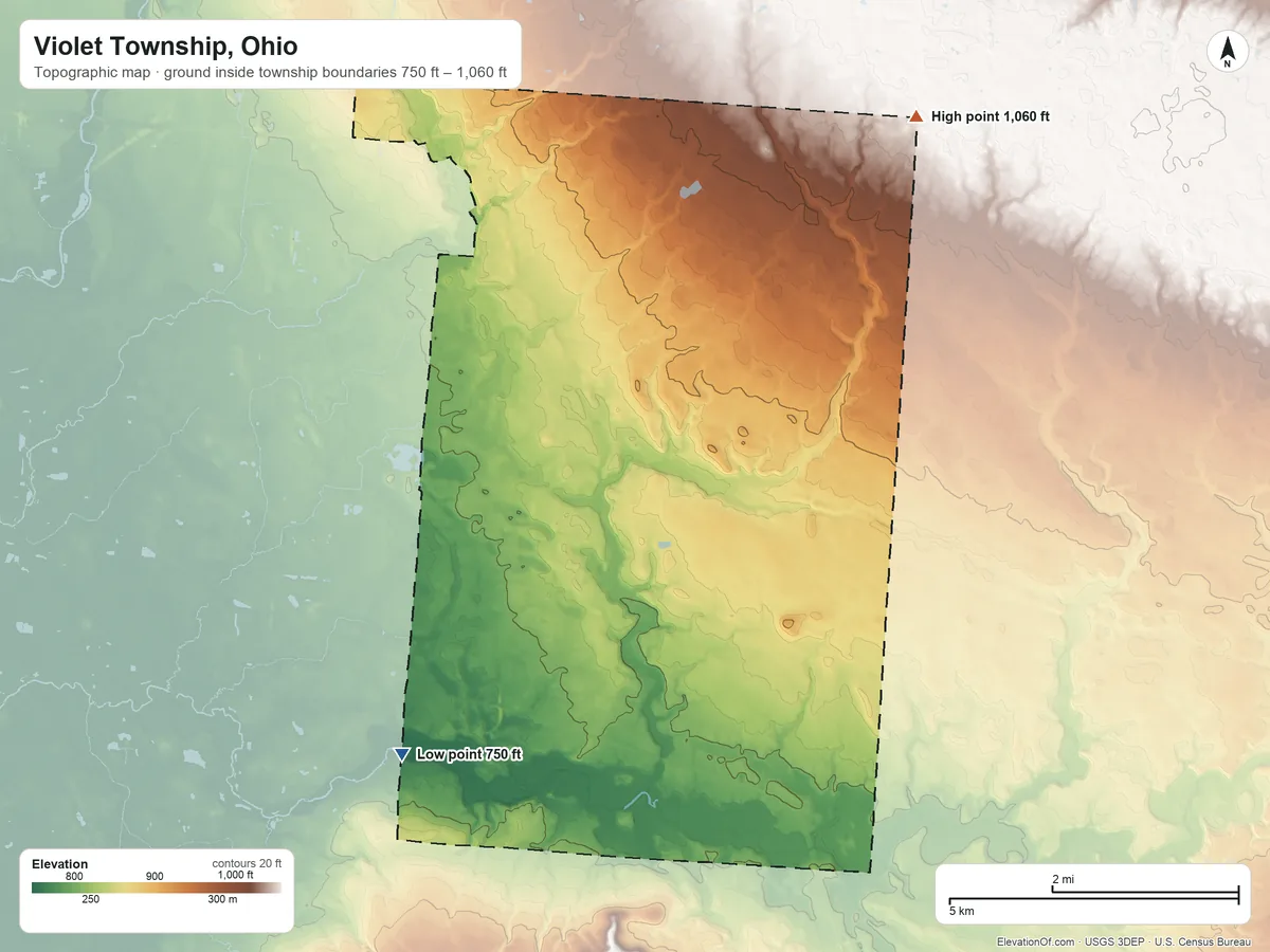 Topographic elevation map of Violet Township, Ohio, shaded from 750 ft on the southwest side to 1,060 ft on the northeast side