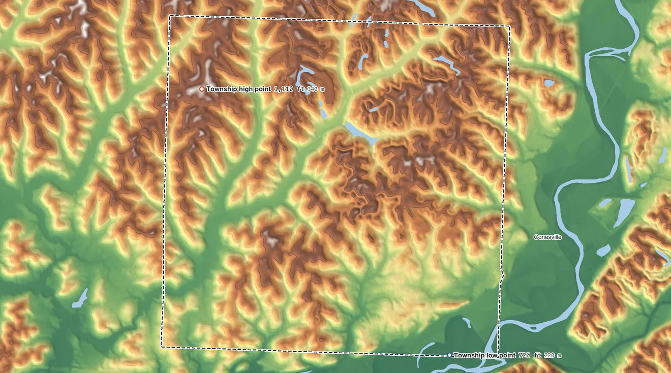Topographic elevation map of Virginia Township, Ohio, shaded from 720 ft on the southeast side to 1,110 ft on the northwest side