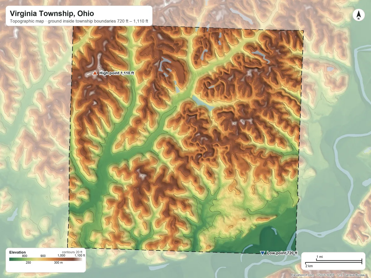 Topographic elevation map of Virginia Township, Ohio, shaded from 720 ft on the southeast side to 1,110 ft on the northwest side