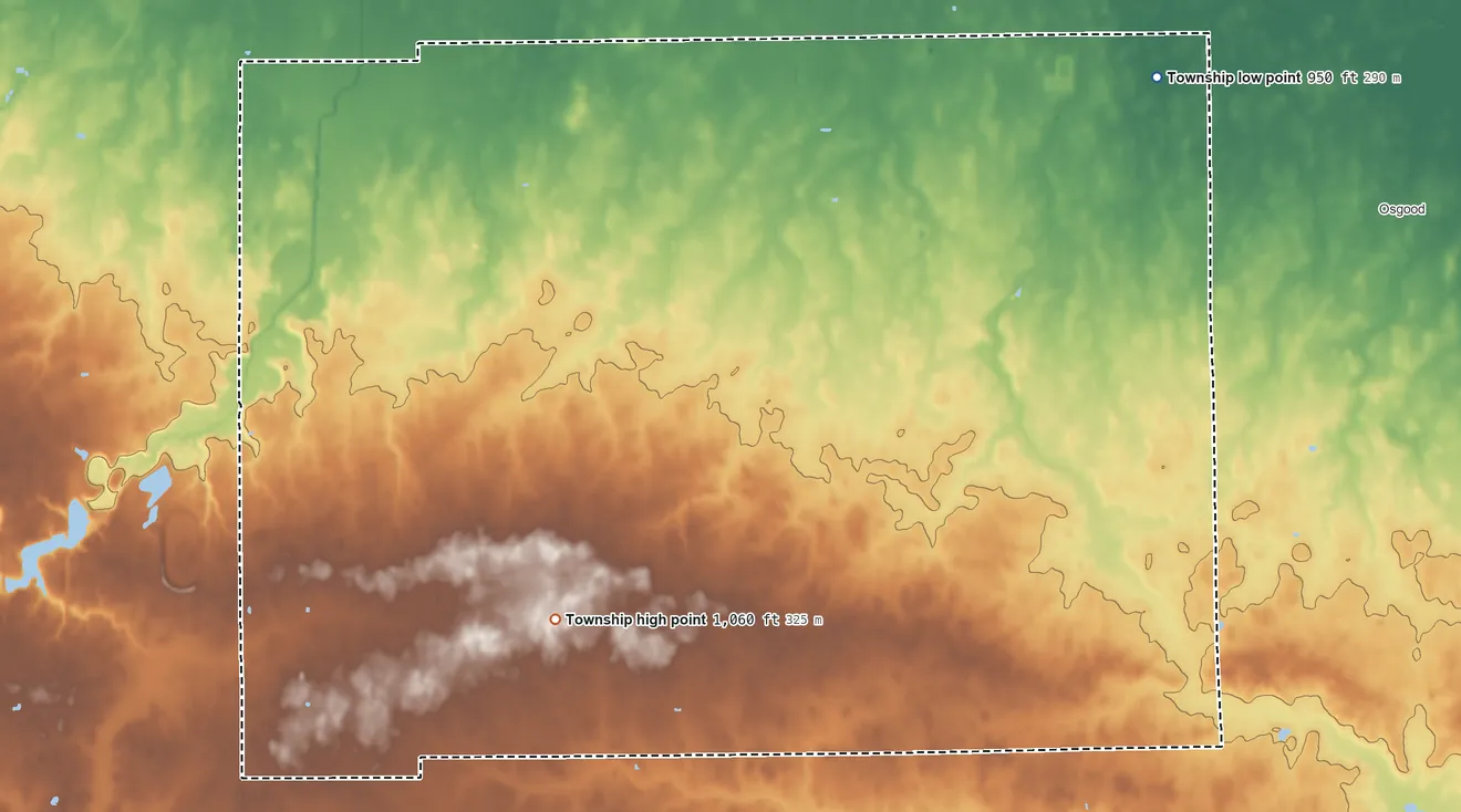 Topographic elevation map of Wabash Township, Ohio, shaded from 950 ft on the northeast side to 1,060 ft on the southwest side